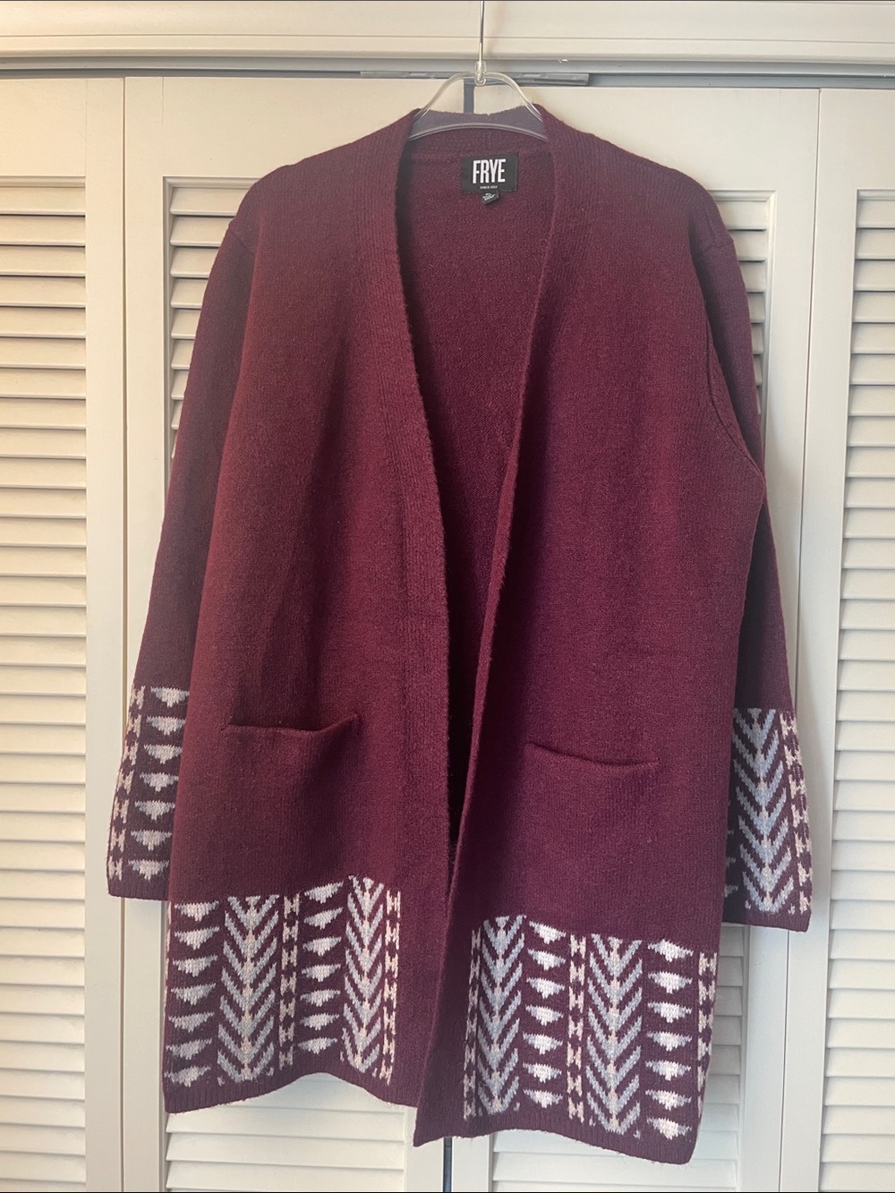 FRYE Burgundy / White geometric print Open-Front Knit tunic Cardigan Sz XL